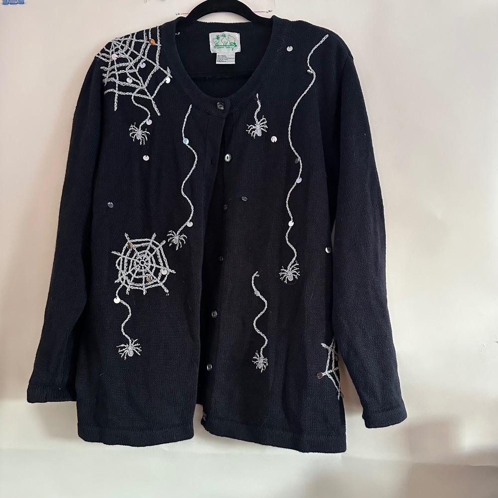 Quacker Factory Halloween Spider Web Sequin Cardigan sweater grandmacore spooky